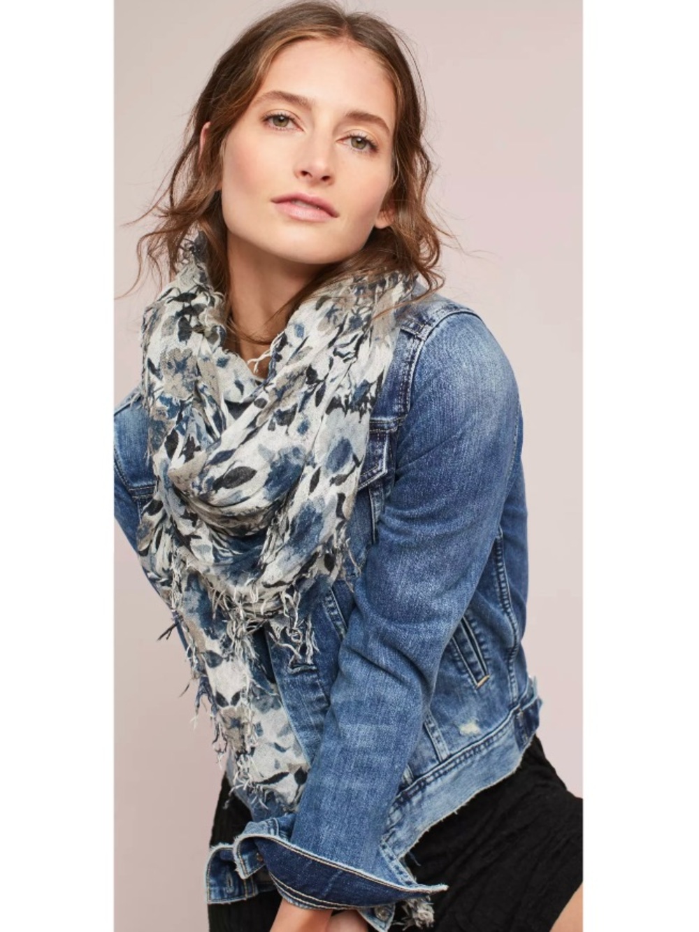 Anthropologie Chan Luu Floral Cashmere Silk Fringe Scarf Blue 28"x60"